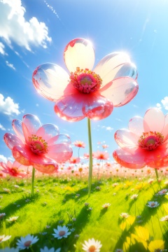 Pencil case, flower, grass, masterpiece, best quality, 16k, sky, white cloud, seven-color flower, background blur