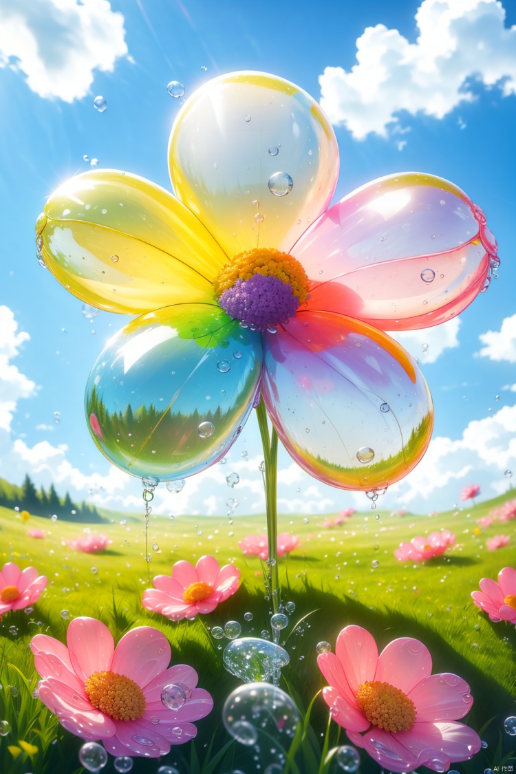 Bag advertising, rainbow flowers, yellow flowers, white flowers, pink flowers, water drops, depth of field, green grass, grass leaves, blue sky, white clouds, good work, best picture quality, 16k, bubbles