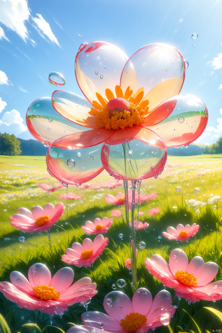 Product poster, rainbow flower, yellow flower, white flower, pink flower, water drop, depth of field, green grass, grass leaves, blue sky, white cloud, excellent, best picture quality, 16k, bubble