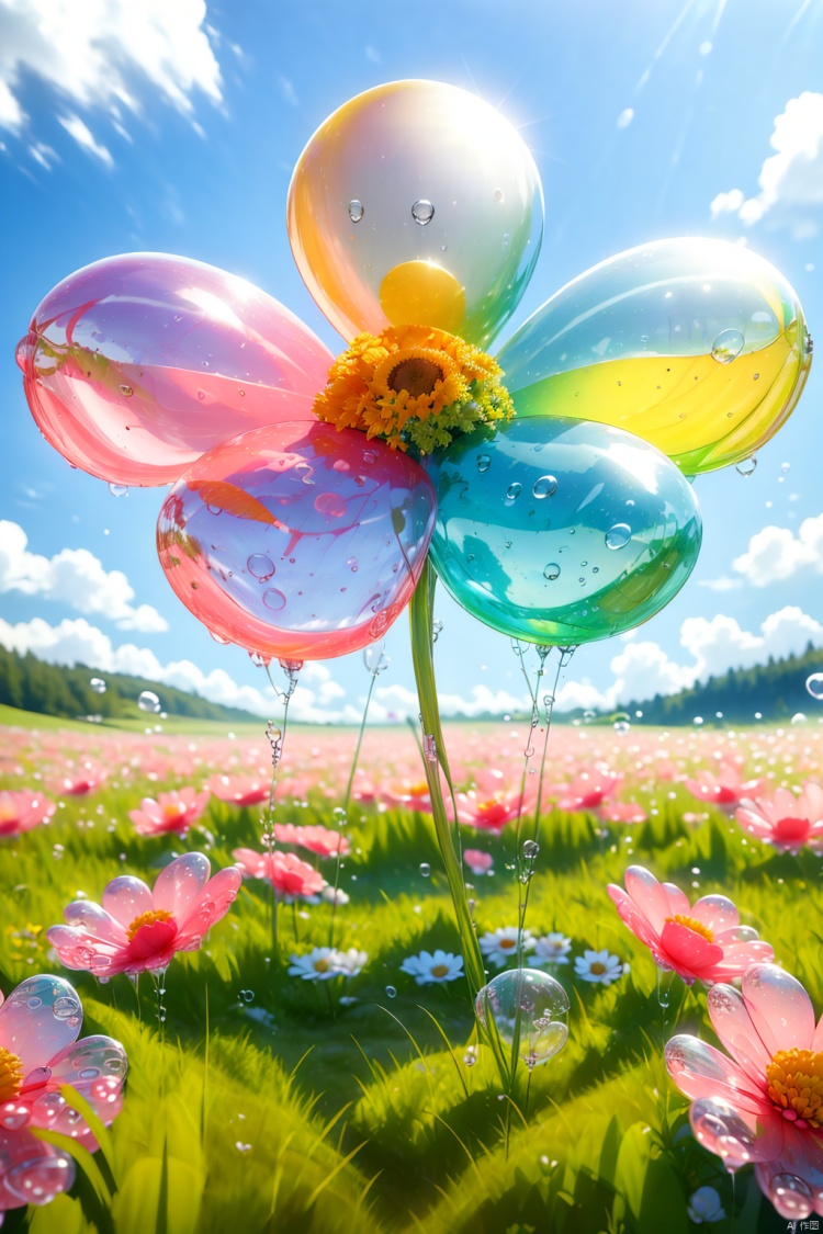 Bag advertising, rainbow flowers, yellow flowers, white flowers, pink flowers, water drops, depth of field, green grass, grass leaves, blue sky, white clouds, good work, best picture quality, 16k, bubbles