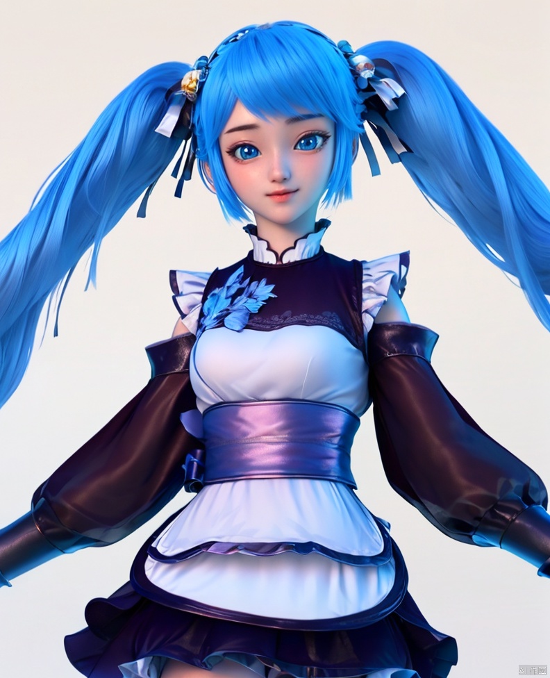 1girl, solo, long hair, looking at viewer,, blue eyes, hair ornament, twintails, blue hair, detached sleeves, maid, personification,Double ponytails, maid attire