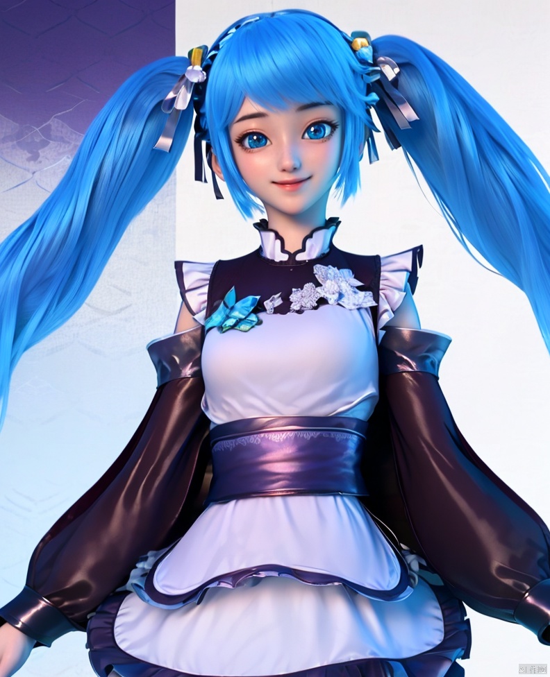 1girl, solo, long hair, looking at viewer, smile, blue eyes, hair ornament, twintails, blue hair, detached sleeves, maid, personification,Double ponytails, maid attire