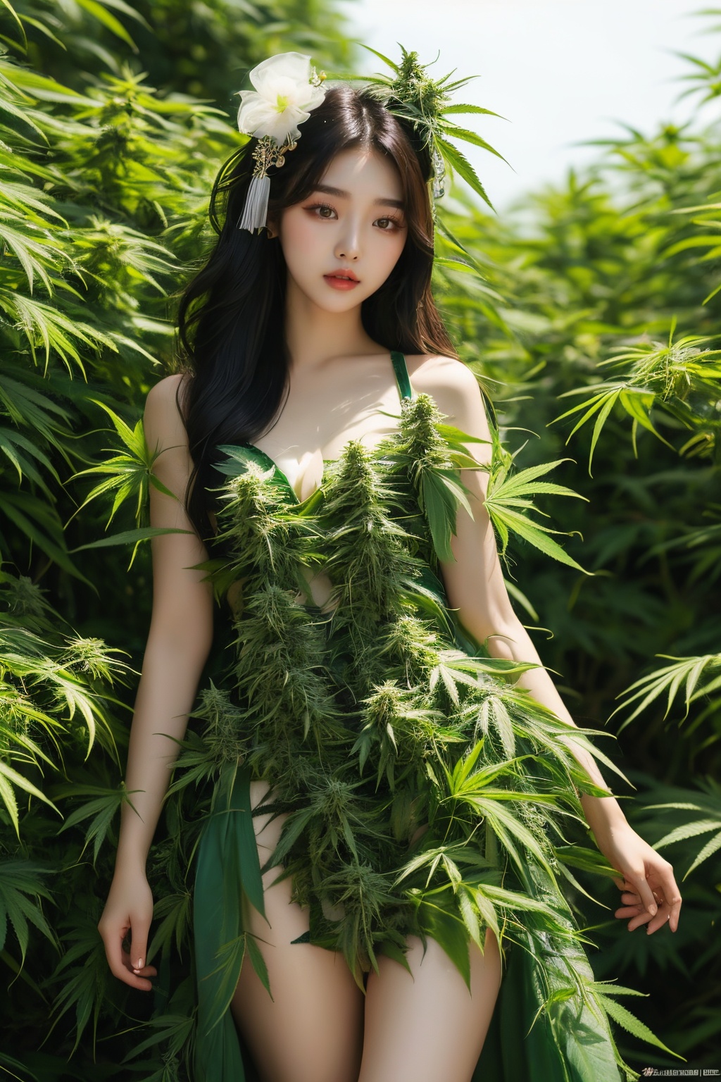A pretty korean girl wearing dress of marijuana leaves,  personification of marijuana,  organic seductive geisha on Tensor...