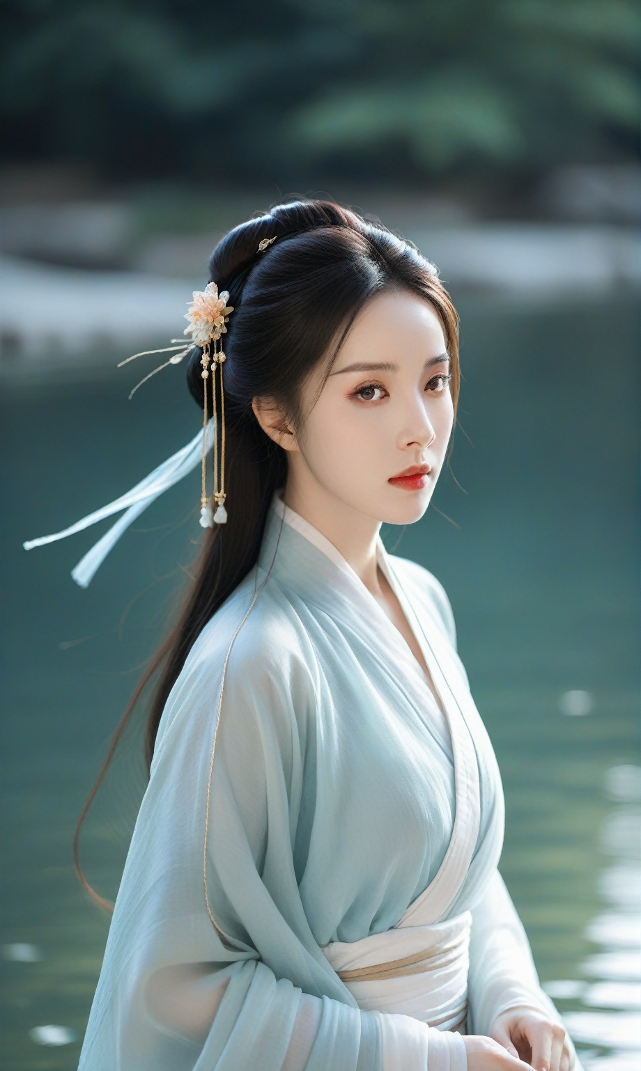 a woman, hanfu, the woman's gaze is directed slightly to her right, her lips are slightly parted, and her eyes are focused intently. the hanfu is flowing gracefully, with the light blue fabric draping elegantly around her. the background showcases a serene body of water, and the overall mood of the image is calm and contemplative.