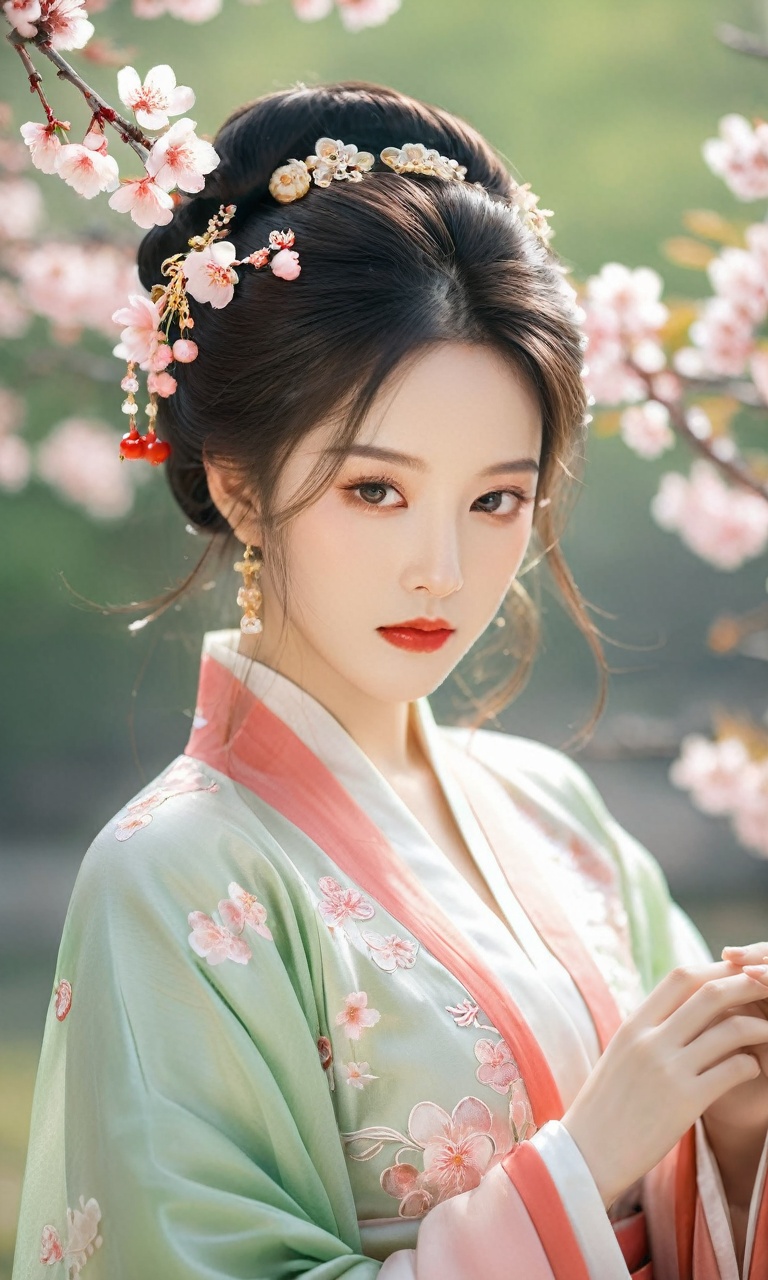 Highly detailed,simple background,blurry background,Cherry blossoms,green background,a woman,Peach blossom，hanfu,l(ooking at viewer:1.5),the woman's flowing red robe billows gracefully,capturing the essence of traditional hanfu elegance.  her hair,adorned with golden accessories,cascades down her back,adding a touch of regality.  the blurred background suggests a serene,natural setting,perhaps a meadow.  the overall composition is a harmonious blend of traditional attire,nature,and graceful movement.,absurdres,