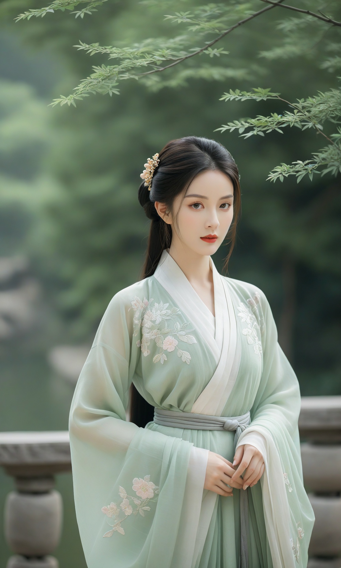 a woman, hanfu, the woman's gaze is directed towards the camera, her posture is upright and poised, and her hands are gracefully positioned by her side. the environment is lush and green, suggesting a serene and natural setting. the hanfu is flowing and drapes elegantly around her, with intricate embroidery and patterns. the overall mood conveyed is one of elegance, tradition, and serenity.