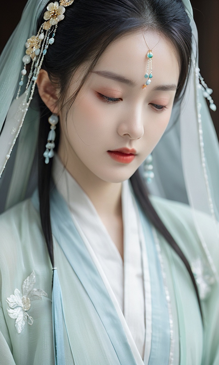 a woman, hanfu, the woman's gaze is directed downwards, her lips are slightly parted, and her eyes are closed. the environment is dimly lit with a blue hue, creating a serene and ethereal atmosphere. the hanfu she wears is white, with a sheer veil draped over her head. the jewelry she's wearing is intricate, with a prominent red gemstone and a green pendant.