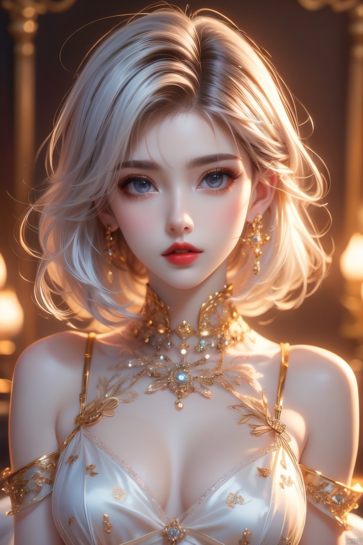 Best Quality, masterpiece, Super High Resolution, Girl, Solo, short hair, white hair, exquisite, lipstick, sexy, Game CG, HD 16K