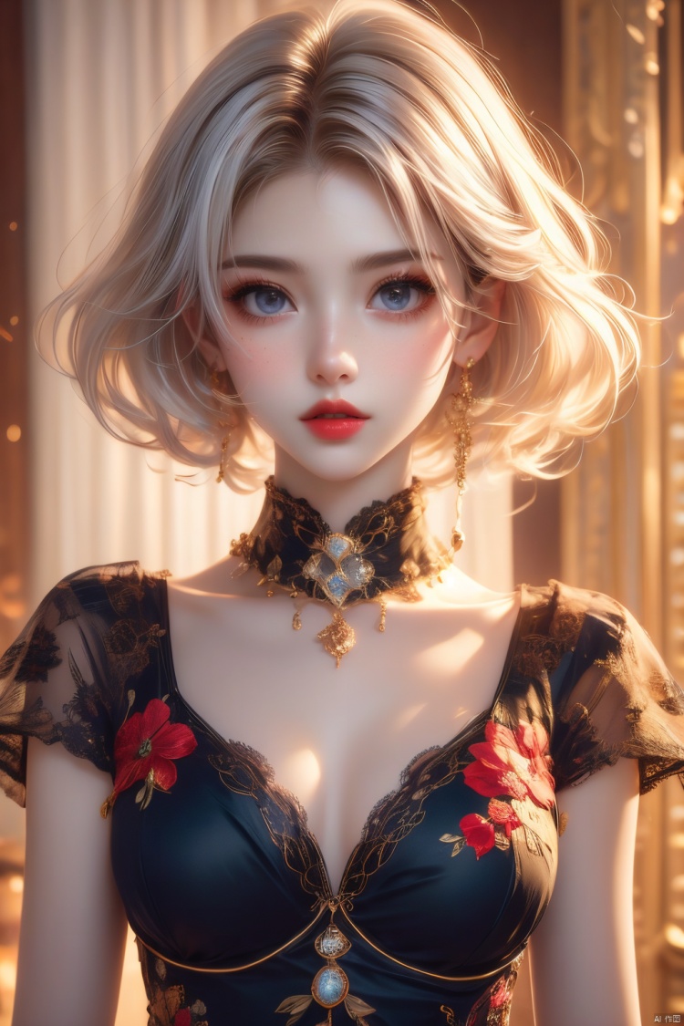 Best Quality, masterpiece, Super High Resolution, Girl, Solo, short hair, white hair, delicate, lipstick, freckles, skin texture, sexy, game CG, HD 16K