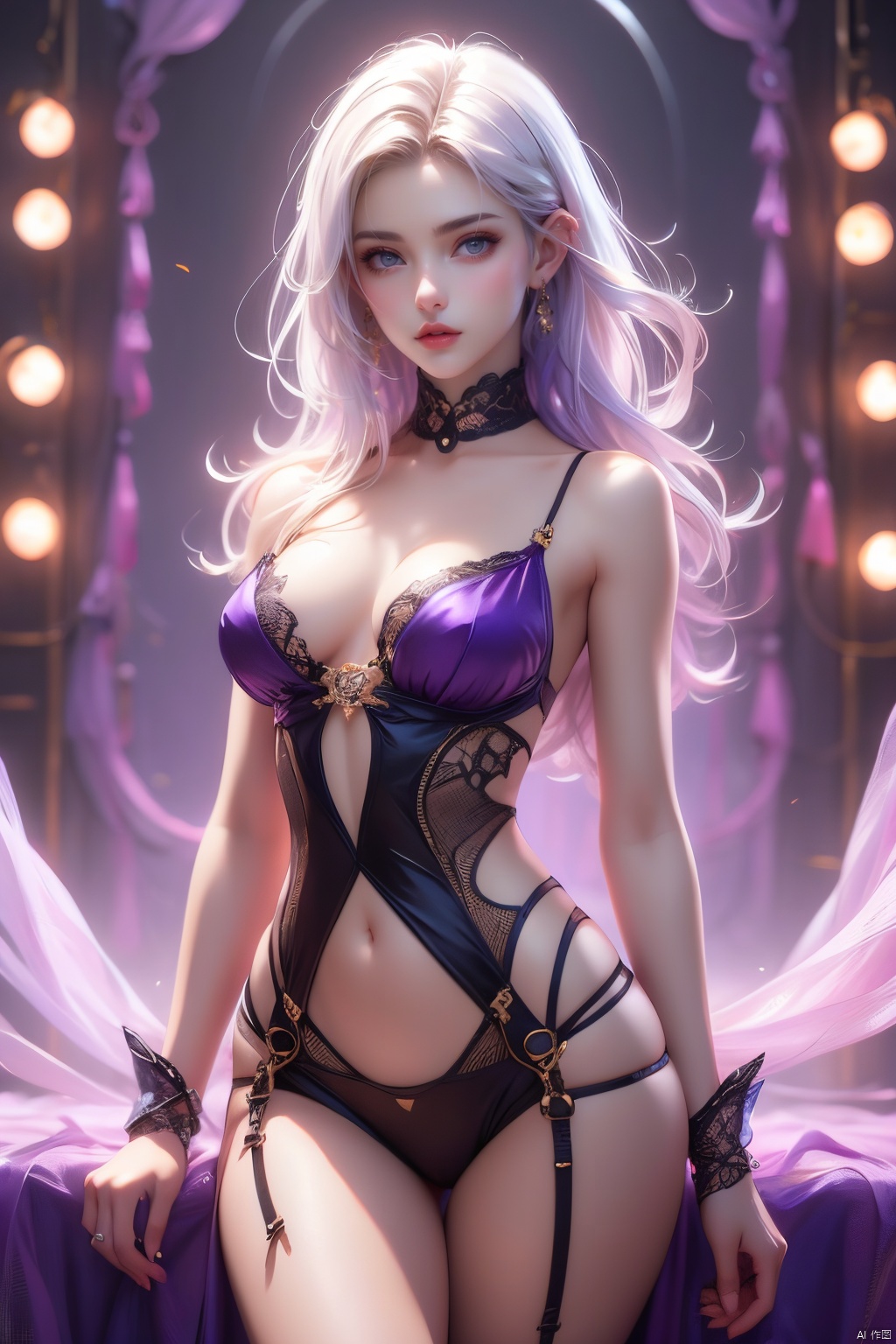 A captivating white-haired girl in a sexy outfit standing in an exquisitely decorated space with a soft purple background....