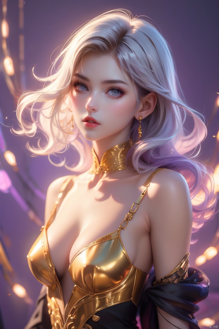 A captivating white-haired girl in a sexy outfit standing in an exquisitely decorated space with a soft purple background. Her deep mysterious gaze and relaxed natural posture exude an indescribable charm, high-quality full-body portrait of a beautiful artwork featuring a white-haired girl in sexy clothing against a purple backdrop, trending on ArtStation, trending on CGSociety, intricate, high detail, sharp focus, dramatic, photorealistic painting art by midjourney and greg rutkowski.