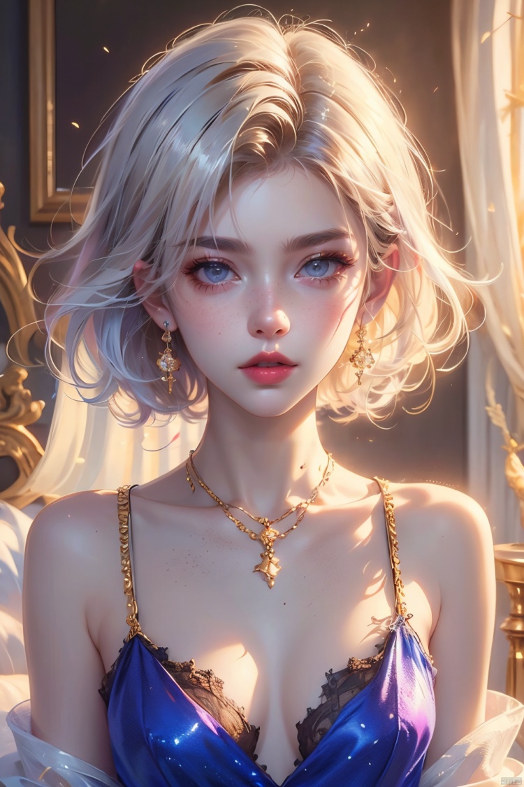 Best Quality, masterpiece, Super High Resolution, Girl, Solo, short hair, white hair, delicate, lipstick, (freckles, skin grain texture 1.2) , sexy, game CG, HD 16K
