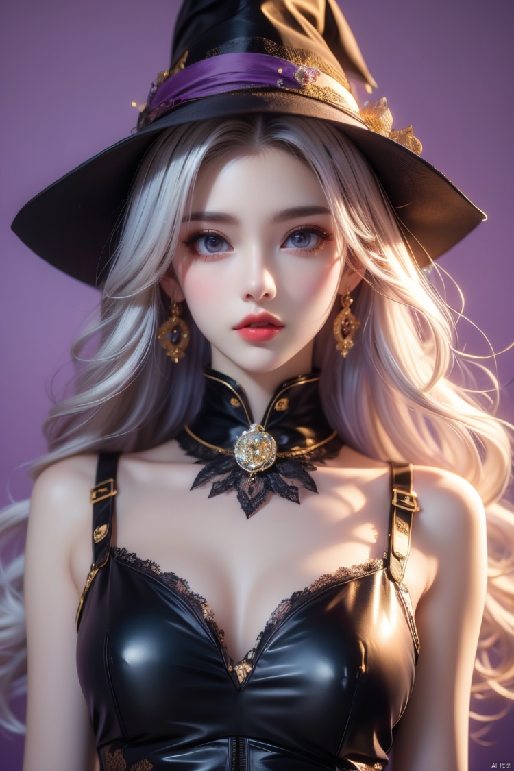 A sexy and exquisite witch with white hair, mysterious and alluring eyes. Her long hair falls like a waterfall, her fair skin contrasts sharply with the purple background. She is wearing sexy and exquisite clothing, exuding an indescribable charm. High quality, high definition, sharp focus, dramatic, photorealistic painting art by midjourney and greg rutkowski.