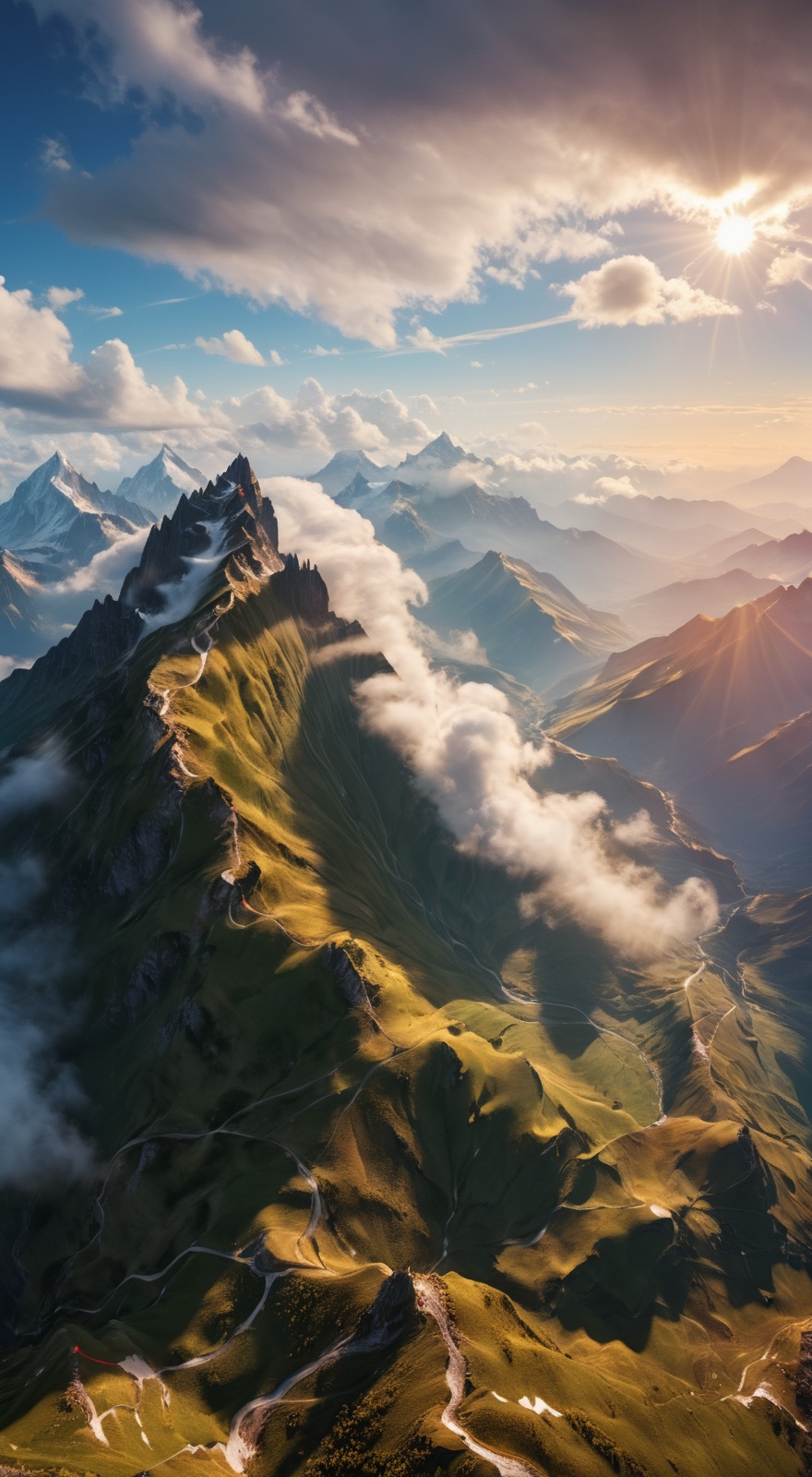 Breathtaking landscape of beautiful mountain with clouds around the mountain in a spiral shape,  beautiful sunlight,  plea...