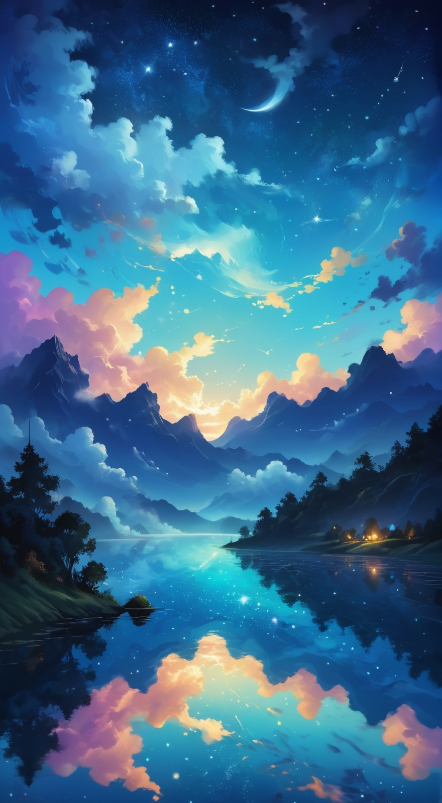 Beautifully wavy lake under the night sky,  magical scenery in dreams,  clouds and stars hanging in the sky on Tensor.Art