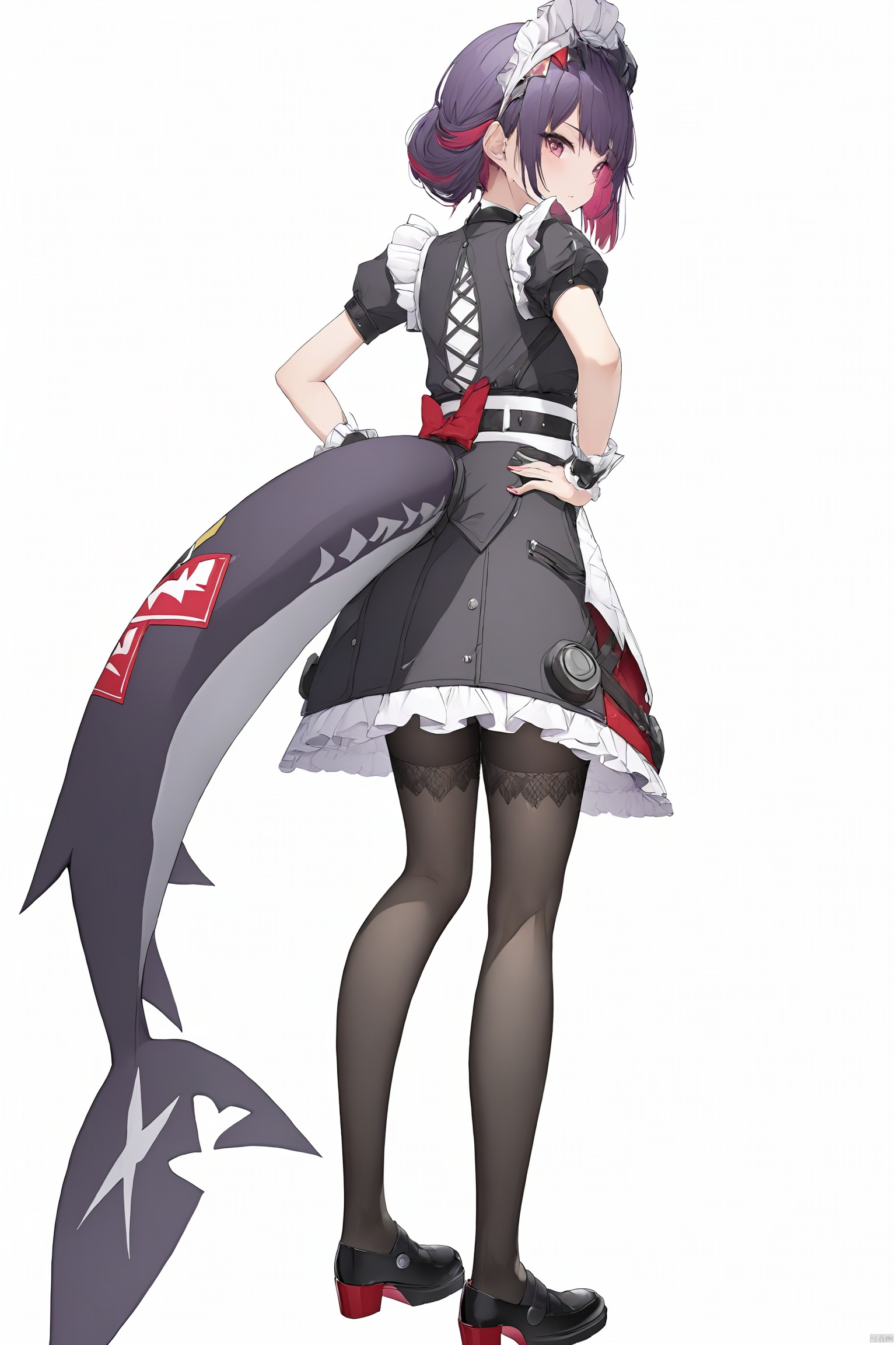  score_9,score_8_up,score_7_up,best quality,masterpiece,source_anime,8k,best quality,masterpiece,(ultra-detailed),(high detailed skin),symmetrical,(full body),white background,standing,looking back,(solo),hand on hip,
1girl, red eyes, tail, pantyhose, multicolored hair, black footwear, short sleeves, apron, wrist cuffs, maidheaddress,
,(white background, simple background),(beautiful_face),((intricate_detail)),clear face,((finely_detailed)),fine_fabric_emphasis,((glossy)),full_shot, hquan,purple eyes, yyy