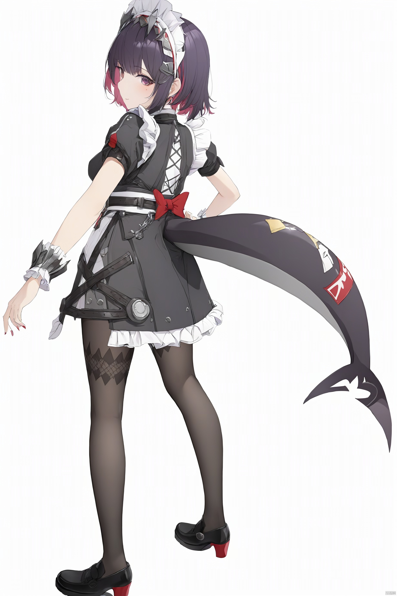  score_9,score_8_up,score_7_up,best quality,masterpiece,source_anime,8k,best quality,masterpiece,(ultra-detailed),(high detailed skin),symmetrical,(full body),white background,standing,looking back,(solo),hand on hip,
1girl, red eyes, tail, pantyhose, multicolored hair, black footwear, short sleeves, apron, wrist cuffs, maidheaddress,
,(white background, simple background),(beautiful_face),((intricate_detail)),clear face,((finely_detailed)),fine_fabric_emphasis,((glossy)),full_shot, hquan,purple eyes, yyy