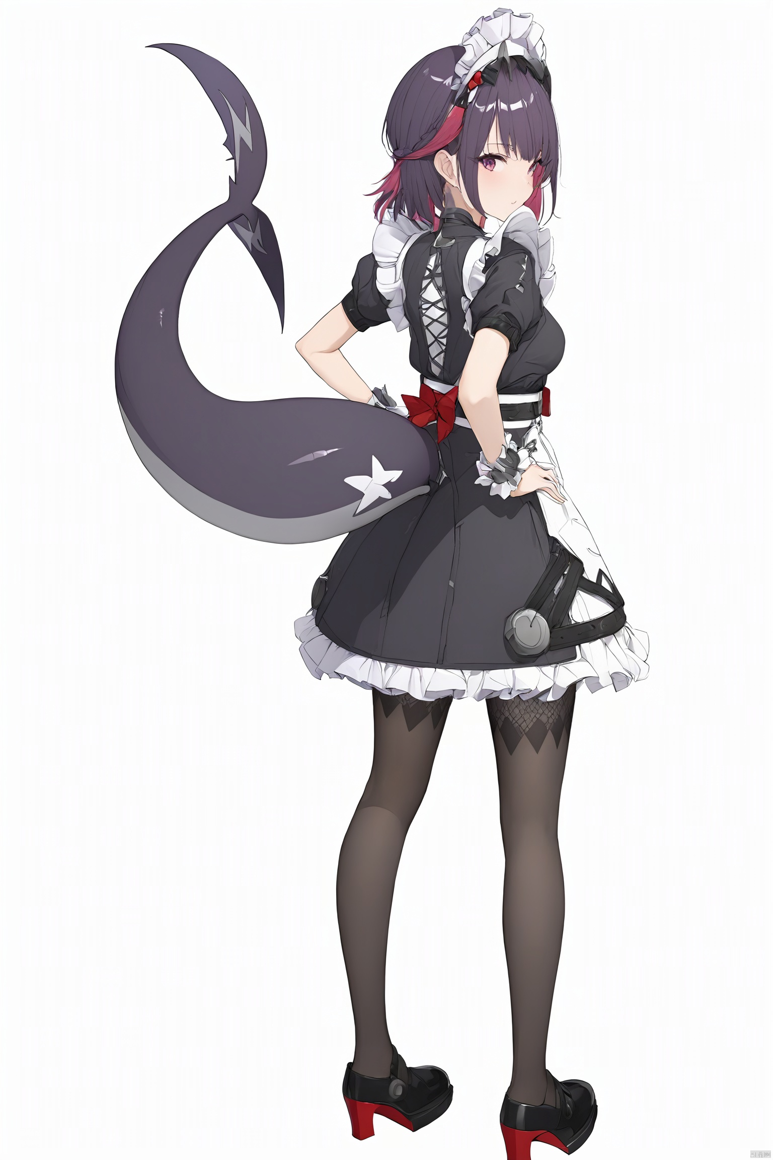  score_9,score_8_up,score_7_up,best quality,masterpiece,source_anime,8k,best quality,masterpiece,(ultra-detailed),(high detailed skin),symmetrical,(full body),white background,standing,looking back,(solo),hand on hip,
1girl, red eyes, tail, pantyhose, multicolored hair, black footwear, short sleeves, apron, wrist cuffs, maidheaddress,
,(white background, simple background),(beautiful_face),((intricate_detail)),clear face,((finely_detailed)),fine_fabric_emphasis,((glossy)),full_shot, hquan,purple eyes, yyy