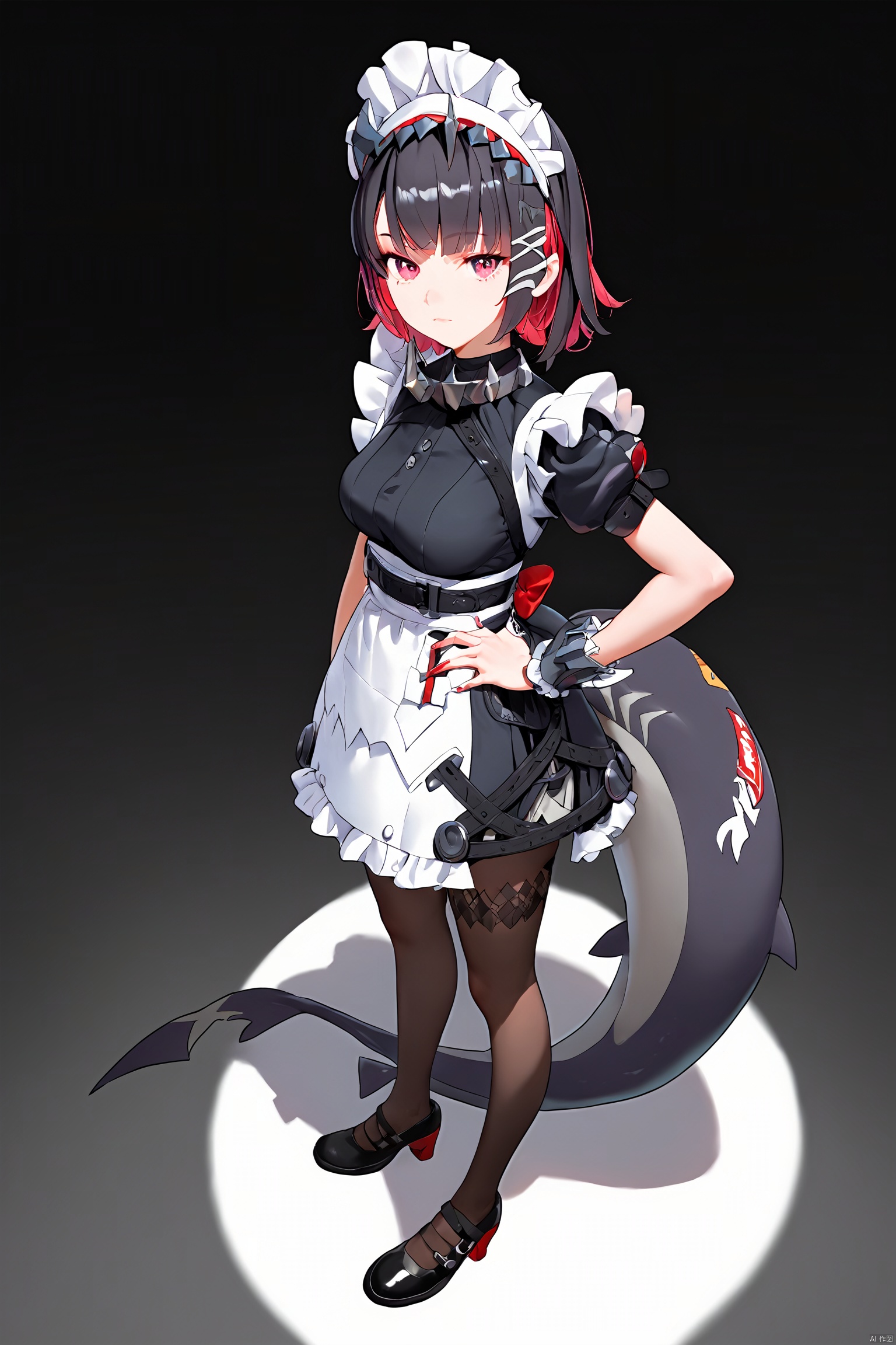 score_9,score_8_up,score_7_up,best quality,masterpiece,source_anime,8k,best quality,masterpiece,(ultra-detailed),(high detailed skin),symmetrical,(full body),white background,standing,looking back,(solo),hand on hip, Ellen Joe, maid, shark tail, (shark girl:0.5), 1girl, red eyes, tail, pantyhose, multicolored hair, black footwear, short sleeves, apron, wrist cuffs, maidheaddress, ,(white background, simple background),(beautiful_face),((intricate_detail)),clear face,((finely_detailed)),fine_fabric_emphasis,full_shot, hquan,purple eyes,

