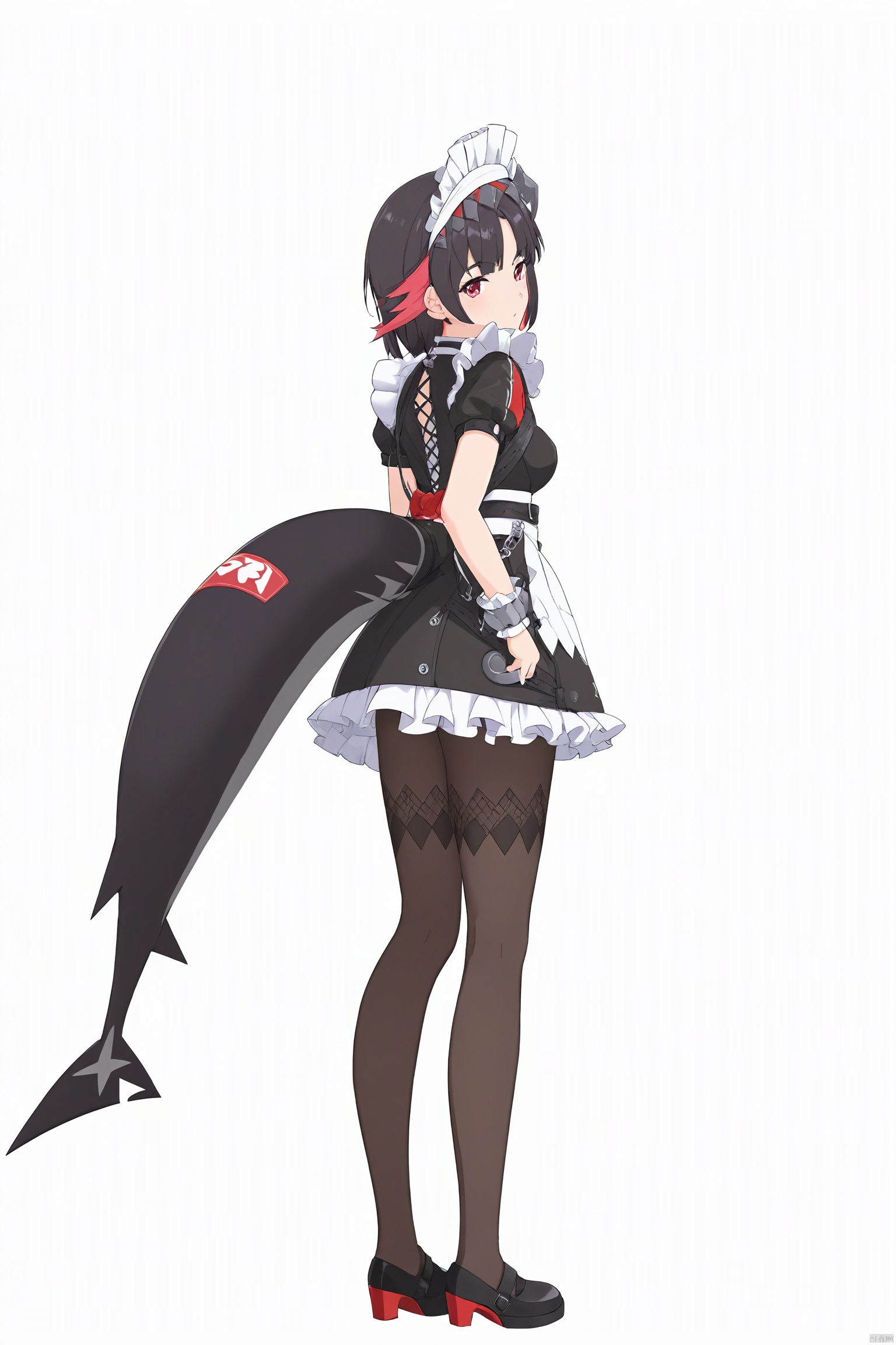  score_9,score_8_up,score_7_up,best quality,masterpiece,source_anime,8k,best quality,masterpiece,(ultra-detailed),(high detailed skin),symmetrical,(full body),white background,standing,looking back,(solo),hand on hip,
1girl, red eyes, tail, pantyhose, multicolored hair, black footwear, short sleeves, apron, wrist cuffs, maidheaddress,
,(white background, simple background),(beautiful_face),((intricate_detail)),clear face,((finely_detailed)),fine_fabric_emphasis,((glossy)),full_shot, hquan,purple eyes, yyy