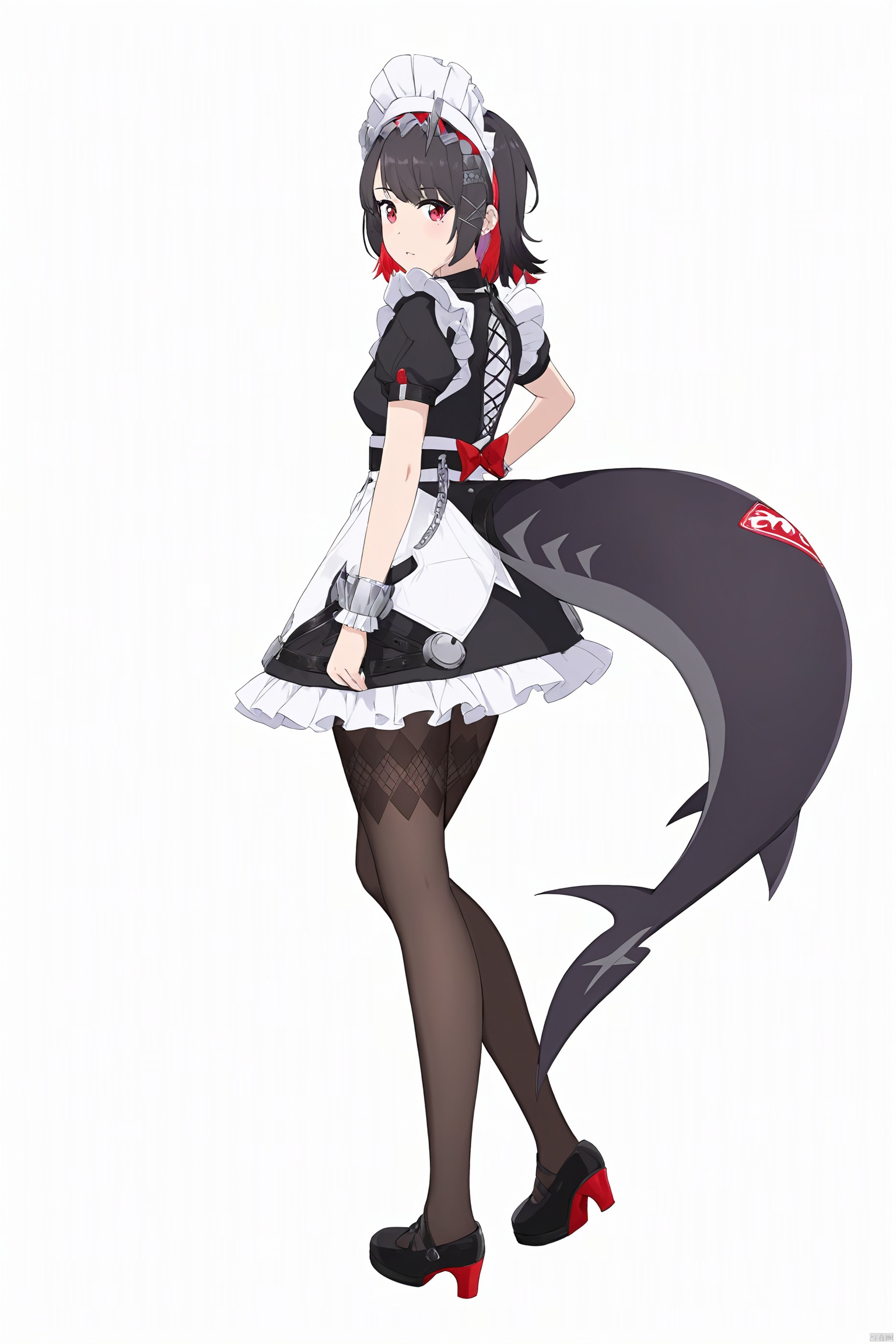  score_9,score_8_up,score_7_up,best quality,masterpiece,source_anime,8k,best quality,masterpiece,(ultra-detailed),(high detailed skin),symmetrical,(full body),white background,standing,looking back,(solo),hand on hip,
1girl, red eyes, tail, pantyhose, multicolored hair, black footwear, short sleeves, apron, wrist cuffs, maidheaddress,
,(white background, simple background),(beautiful_face),((intricate_detail)),clear face,((finely_detailed)),fine_fabric_emphasis,((glossy)),full_shot, hquan,purple eyes, yyy