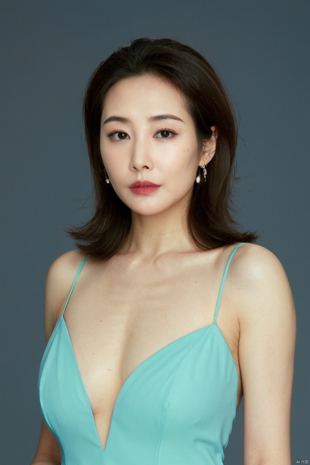  1girl, earrings, solo, cleavage,big breasts,Low cut evening gown,jewelry, blue_background, realistic, upper_body, sleeveless, lips, long_hair, brown_eyes, big breasts, evening dress, looking_at_viewer, nose, black_hair,,
( chiaroscuro,Fujicolor, UHD, super detail ,raw,85mm,f/1.2,FujifilmXT4,)