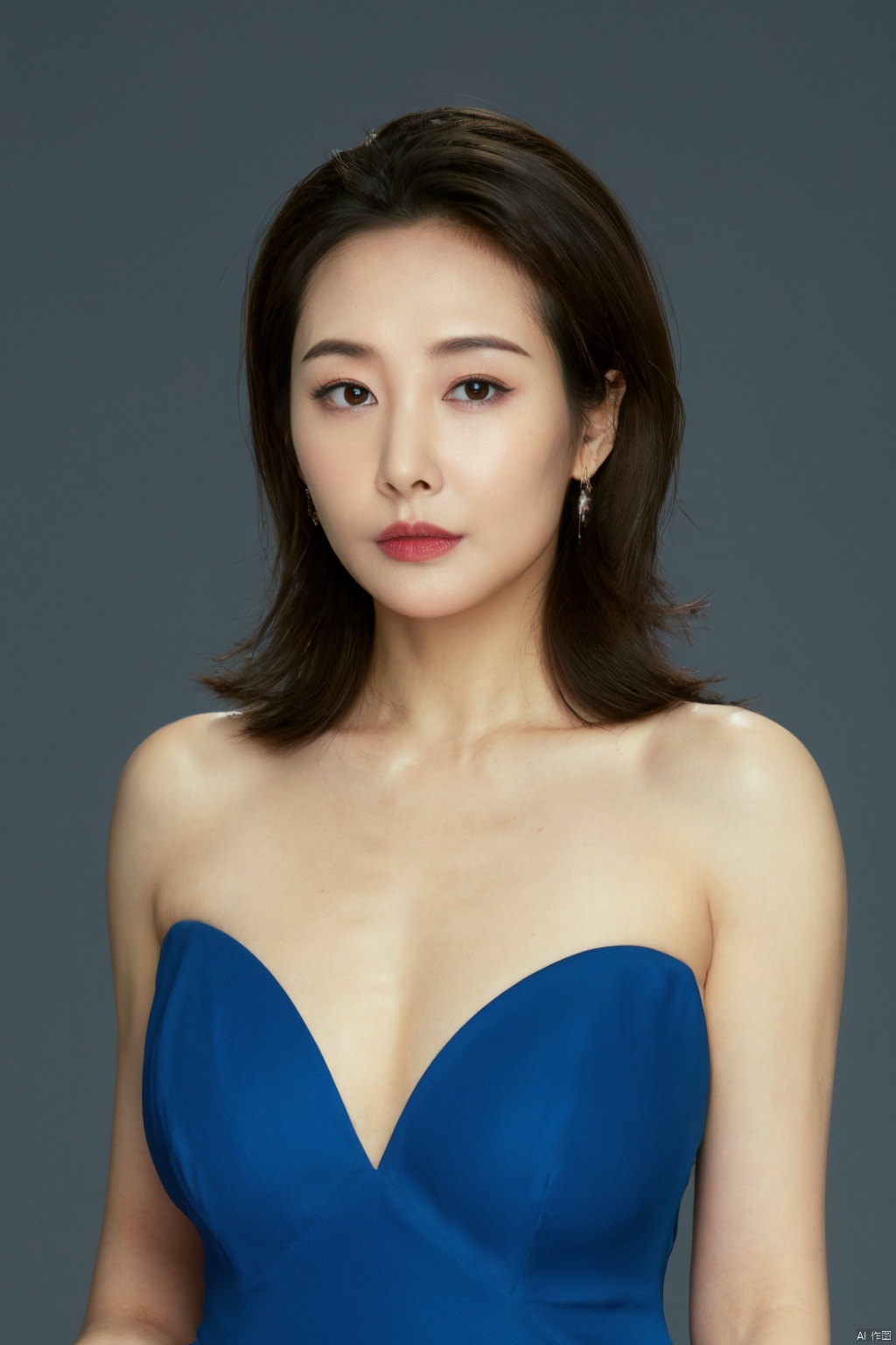  1girl, earrings, solo, cleavage,big breasts,Low cut evening gown,jewelry, blue_background, realistic, upper_body, sleeveless, lips, long_hair, brown_eyes, big breasts, evening dress, looking_at_viewer, nose, black_hair,,
( chiaroscuro,Fujicolor, UHD, super detail ,raw,85mm,f/1.2,FujifilmXT4,)