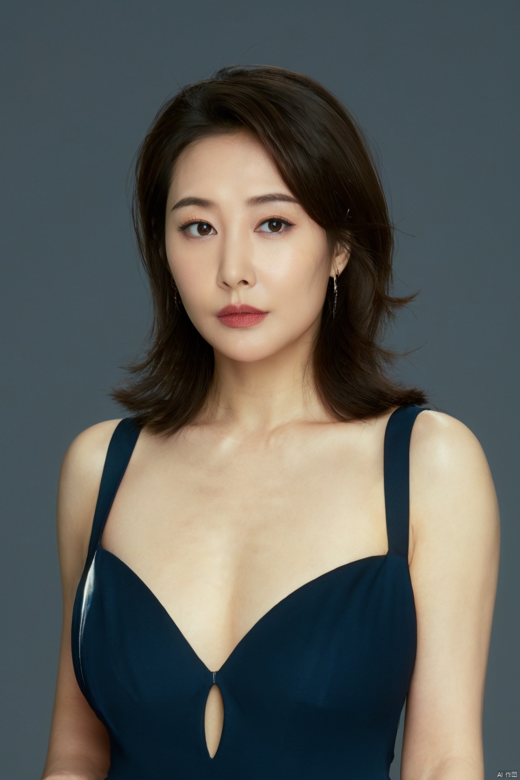  1girl, earrings, solo, Cleavage,hug breasts,Low cut evening gown,jewelry, blue_background, realistic, upper_body, sleeveless, lips, long_hair, brown_eyes, breasts, evening dress, looking_at_viewer, nose, black_hair,,
( chiaroscuro,Fujicolor, UHD, super detail ,raw,85mm,f/1.2,FujifilmXT4,)