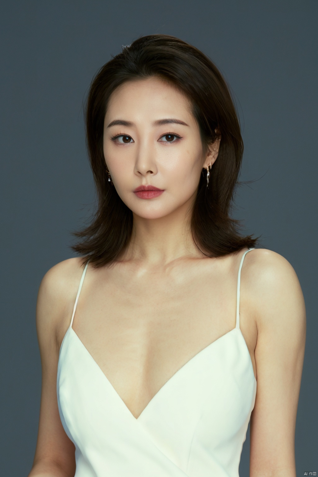  1girl, earrings, solo, Cleavage,hug breasts,Low cut evening gown,jewelry, blue_background, realistic, upper_body, sleeveless, lips, long_hair, brown_eyes, breasts, evening dress, looking_at_viewer, nose, black_hair,,
( chiaroscuro,Fujicolor, UHD, super detail ,raw,85mm,f/1.2,FujifilmXT4,)