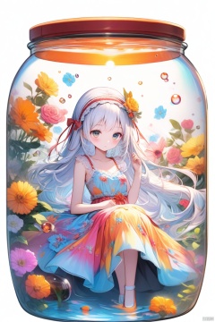 (masterpiece), (best quality), illustration, ultra detailed, hdr, Depth of field, (colorful), loli,(flowers background:1.45),(transparent background:1.3)(an extremely delicate and beautiful girl inside of glass jar:1.2), (glass jar:1.35),(solo:1.2), (full body), (beautiful detailed eyes, beautiful detailed face:1.3), (sitting ), (very long silky hair, float white hair:1.15), (medium_breasts, tally and skinny:1.2), (Colorful dress:1.3), (extremely detailed lace:0.3), (insanely detailed frills:0.3),(hairband , orange hair_ornament:1.25),orange cans,water surface,full body,(bottle filled with orange water,bottle filled with Fanta:1.25), (many fruits in jar, many Sliced_fruits in jar:1.25), (many bubbles:1.25),