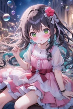 tinkle, (loli), 1girl, solo, very long hair, light color, green eyes, blush, layered dress, see-through, frilled dress, lace printed , red dress, black hair, hair flower, sitting, small breasts, sash, detailed clothing, flowing hair, :o, translucent dress, bubble, looking at viewer, torino_aqua, shamed, blush, hair ribbon,, night, key, crystal, pink theme, fingernails, text, best quality, masterpiece, star, omochi_newest