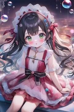 tinkle, (loli), 1girl, solo, very long hair, light color, green eyes, blush, layered dress, see-through, frilled dress, lace printed , red dress, black hair, hair flower, sitting, small breasts, sash, detailed clothing, flowing hair, :o, translucent dress, bubble, looking at viewer, torino_aqua, shamed, blush, hair ribbon,, night, key, crystal, pink theme, fingernails, text, best quality, masterpiece, star, omochi_newest