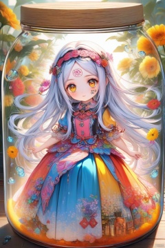 (masterpiece), (best quality), illustration, ultra detailed, hdr, Depth of field, (colorful), loli,(flowers background:1.45),(transparent background:1.3)(an extremely delicate and beautiful girl inside of glass jar:1.2), (glass jar:1.35),(solo:1.2), (full body), (beautiful detailed eyes, beautiful detailed face:1.3), (sitting ), (very long silky hair, float white hair:1.15), (medium_breasts, tally and skinny:1.2), (Colorful dress:1.3), (extremely detailed lace:0.3), (insanely detailed frills:0.3),(hairband , orange hair_ornament:1.25),orange cans,water surface,full body,(bottle filled with orange water,bottle filled with Fanta:1.25), (many fruits in jar, many Sliced_fruits in jar:1.25), (many bubbles:1.25),