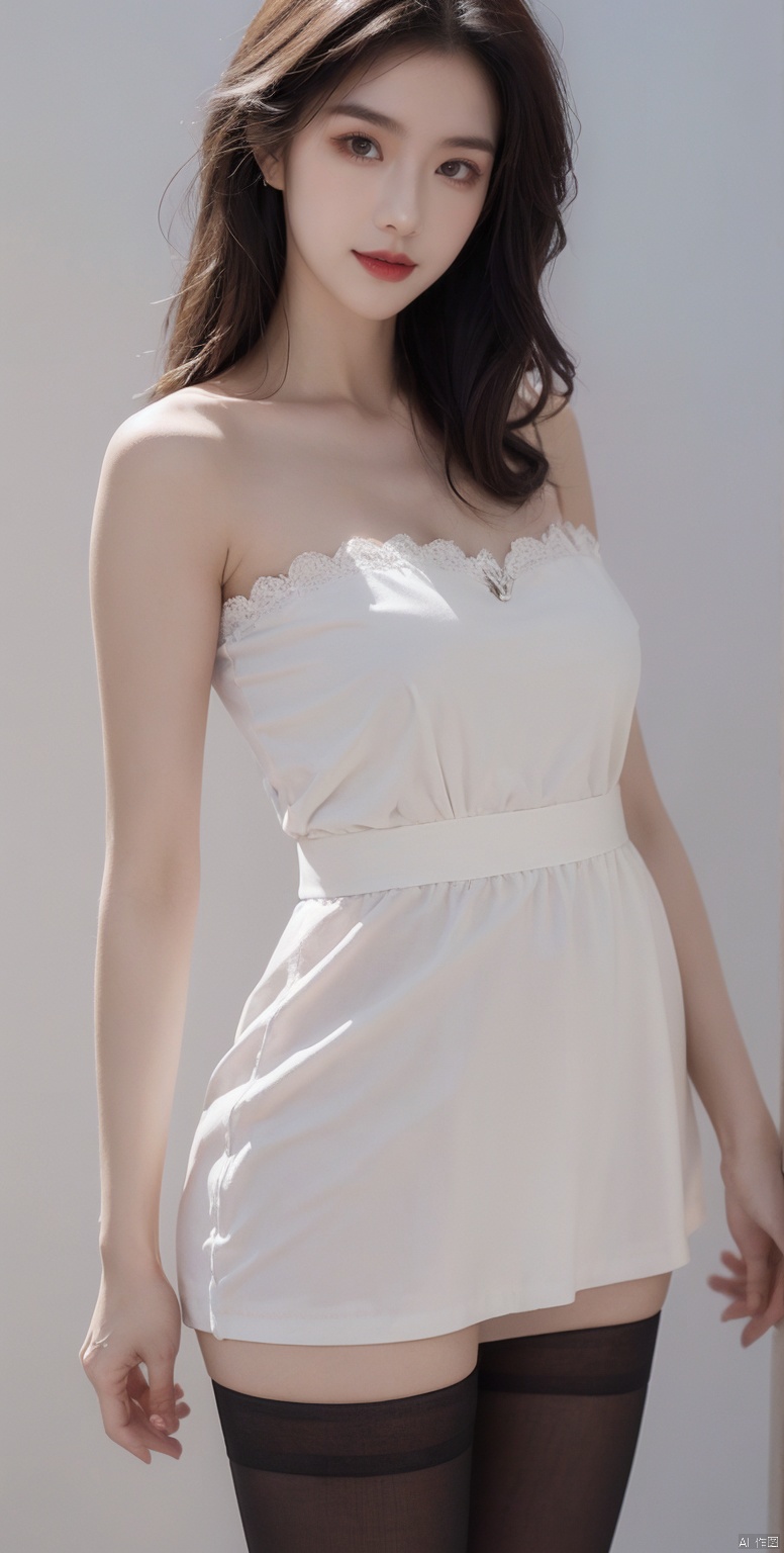  (masterpiece, best quality:1.4),finely detailed,1girl,solo,fair_skin,simple background,depth of field,blurred background,Hip-wrapped tight skirt,strapless, sleeveless,White dress,shallow smile,Black hair,straight hair,(long hair:1.2),Thin,21 years old,Advanced,lipstick,medium breasts,cleavage,collarbonea,slender,black_pantyhose,tight,lace,standing,incredibly absurdres,photo,white clothes,Cinematic Lighting,Tyndall effect,Slender waist,(Full-length photo: 1.2)