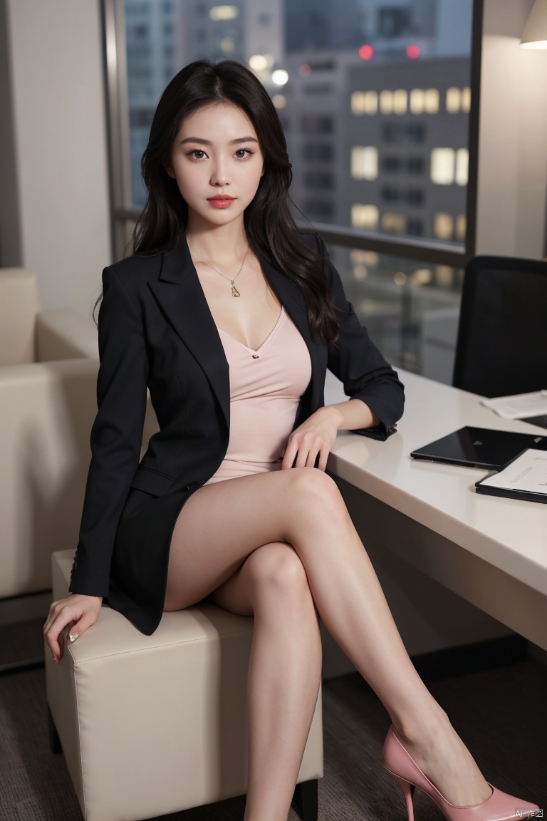  1girl,fashion model,female focus,asian,pretty,Charming eyes,exquisite facial features,pink lips, very delicate skin, open_blazer,pantyhose,high heels,night,Soft lighting,in office,city,full shot,blurry,(masterpiece, realistic, best quality, highly detailed, profession),plns