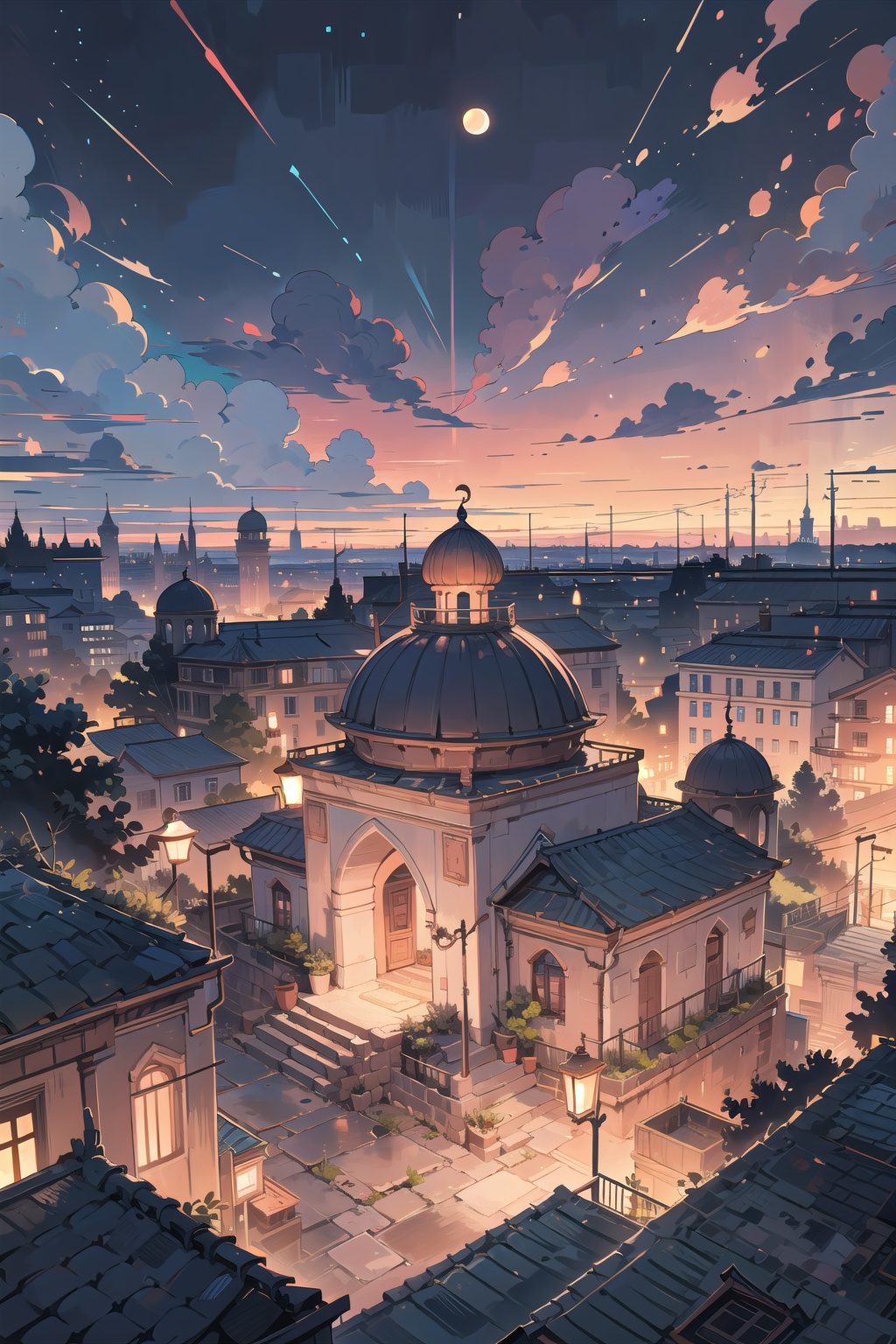 Create a digital illustration featuring mosque Under the moonless sky,  in the afternoon with sunset sky on Tensor.Art