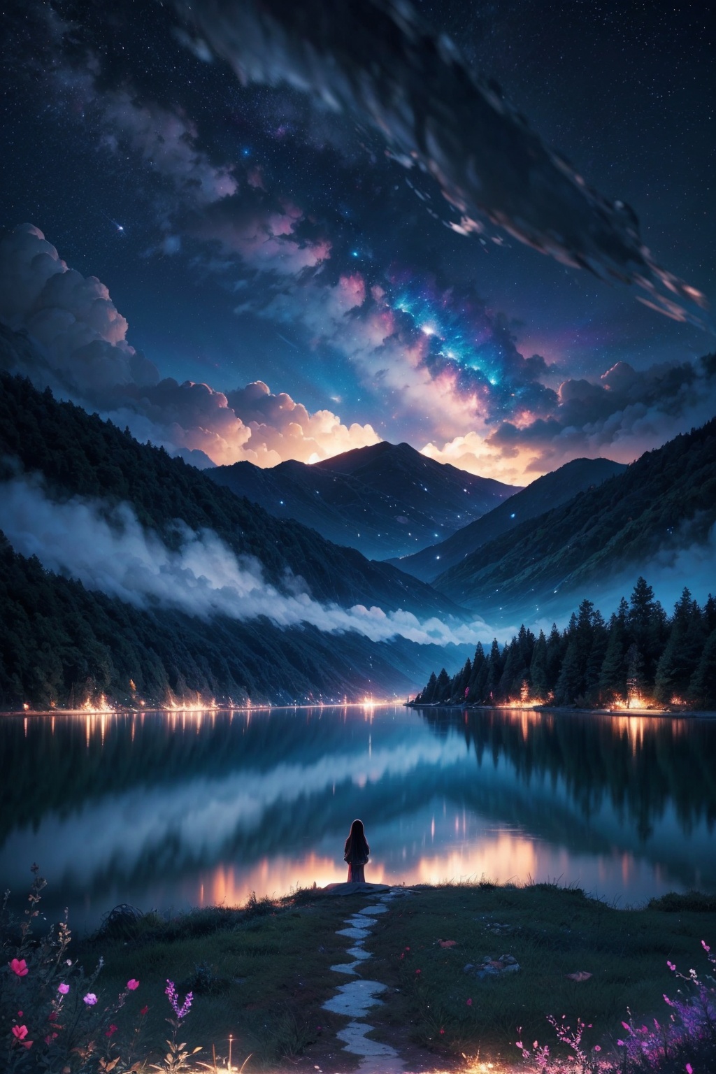 Beautifully wavy lake under the night sky,  magical scenery in dreams,  clouds and stars hanging in the sky on Tensor.Art