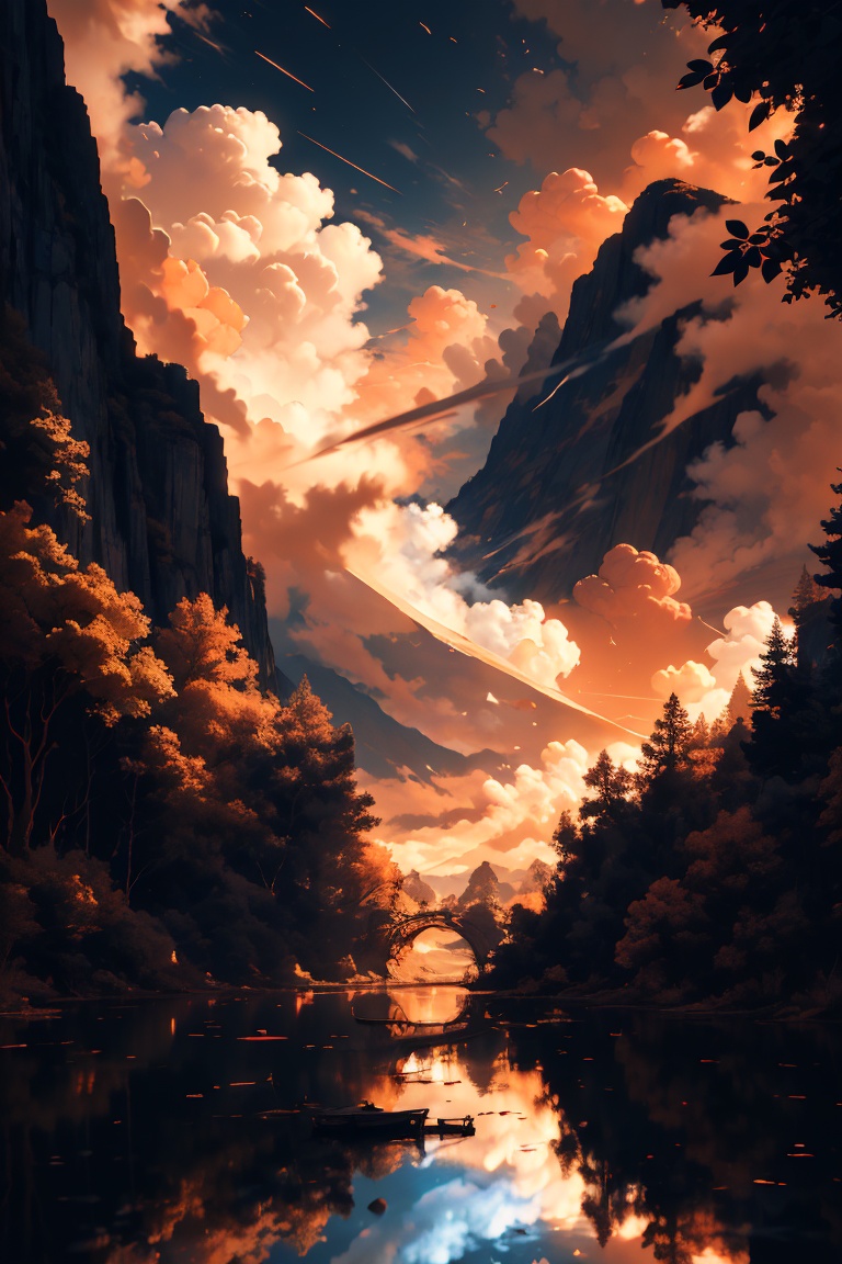 pic of a magnificent sunset over a mountainous landscape,  where the high peaks are bathed in a golden light and the sky i...