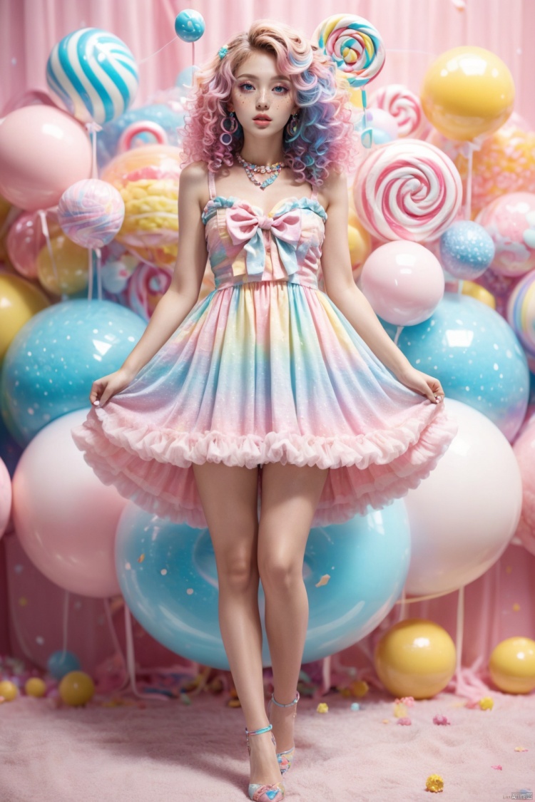 1girl, solo, long hair, looking at viewer, blue eyes, hair ornament, dress, bow, bare shoulders, jewelry, blue hair, (full body:1.3), pink hair, heart, multicolored hair, earrings, parted lips, artist name, necklace, lips, wavy hair, pink dress, freckles, curly hair, pearl necklace,candy, makeup, multicolored hair,lollipop,long legs,high heels