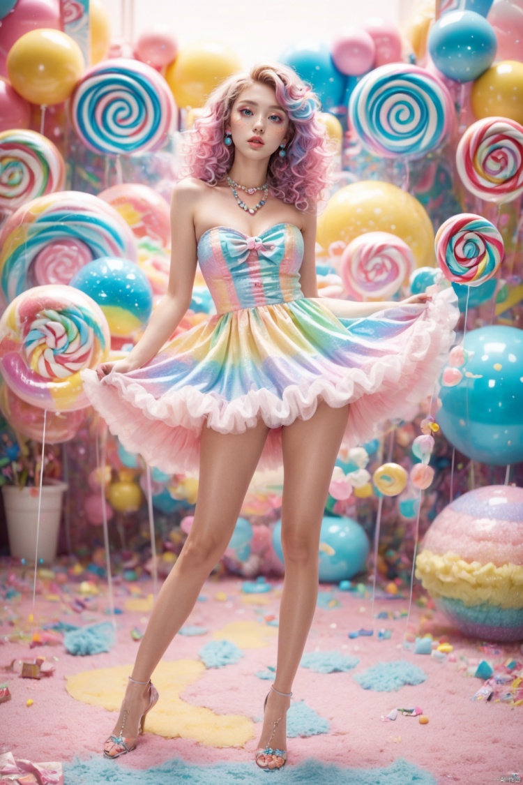 1girl, solo, long hair, looking at viewer, blue eyes, hair ornament, dress, bow, bare shoulders, jewelry, blue hair, (full body:1.3), pink hair, heart, multicolored hair, earrings, parted lips, artist name, necklace, lips, wavy hair, pink dress, freckles, curly hair, pearl necklace,candy, makeup, multicolored hair,lollipop,long legs,high heels