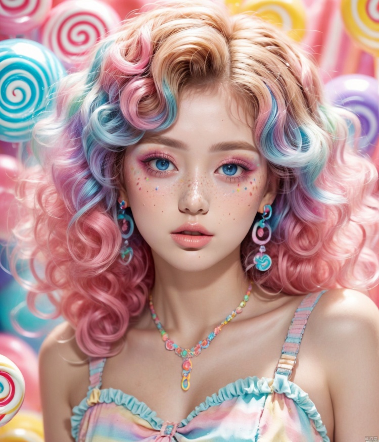 1girl, solo, long hair, looking at viewer, blue eyes, hair ornament, dress, bow, bare shoulders, jewelry, blue hair, upper body, pink hair, heart, multicolored hair, earrings, parted lips, artist name, necklace, lips, watermark, wavy hair, pink dress, freckles, curly hair, pearl necklace,candy , makeup , multicolored hair,lollipop