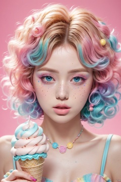 1girl, solo, looking at viewer, short hair, blue eyes, hair ornament, holding, jewelry, blue hair, collarbone, cowboy_shot, pink hair, multicolored hair, parted lips, food, artist name, necklace, nail polish, two-tone hair, lips, eyelashes, makeup, watermark, pink background, holding food, pink nails, eyeshadow, freckles, curly hair, ice cream, ice cream cone, mascara,candy , makeup , multicolored hair,lollipop