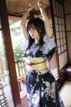  1girl, solo, long hair, black hair, japanese clothes, kimono, arms up, cup, sash, obi, stretching