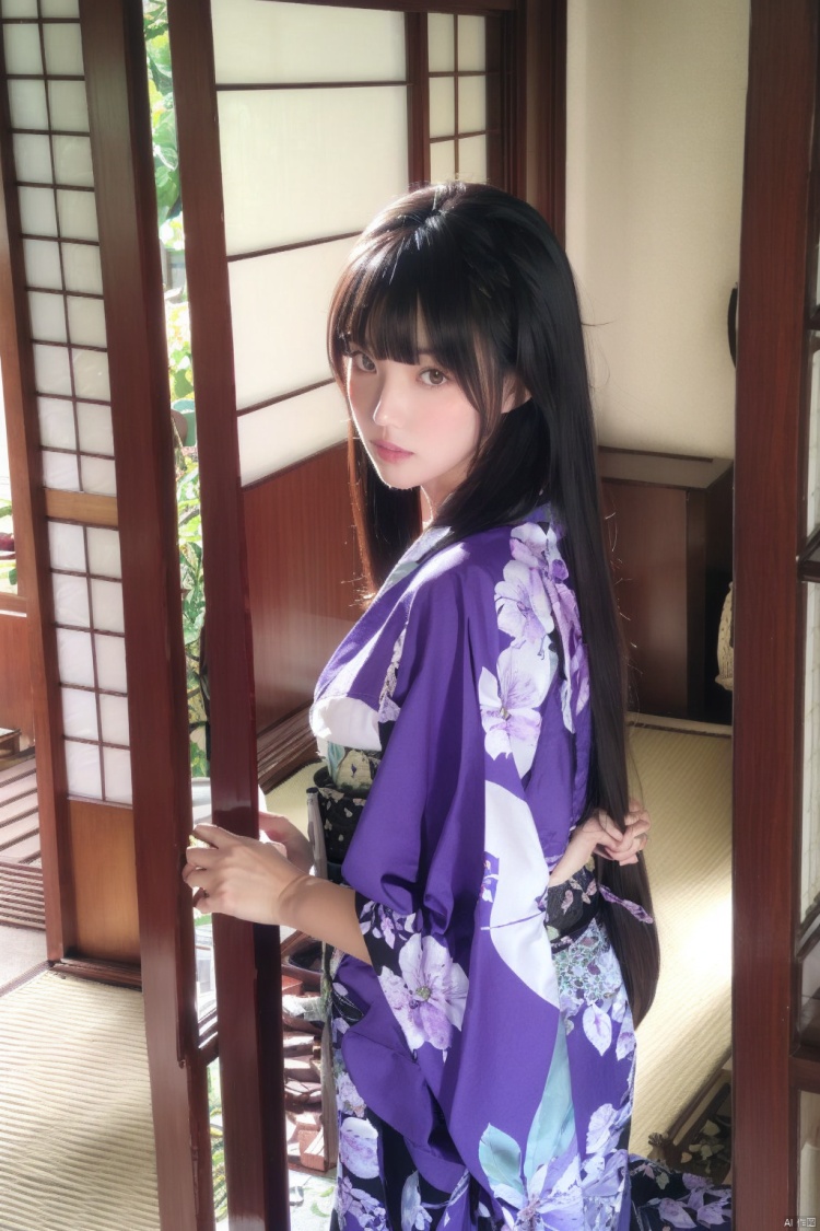1girl, solo, long hair, looking at viewer, bangs, black hair, closed mouth, japanese clothes, indoors, blunt bangs, kimono, lips, umbrella, floral print, realistic, tatami, sliding doors, A girl in a purple patterned kimono