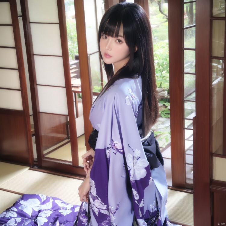  1girl, solo, long hair, looking at viewer, bangs, black hair, closed mouth, japanese clothes, indoors, blunt bangs, kimono, lips, umbrella, floral print, realistic, tatami, sliding doors, A girl in a purple patterned kimono