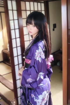  1girl, solo, long hair, looking at viewer, bangs, black hair, closed mouth, japanese clothes, indoors, blunt bangs, kimono, lips, umbrella, floral print, realistic, tatami, sliding doors, A girl in a kimono, A girl in a purple patterned kimono