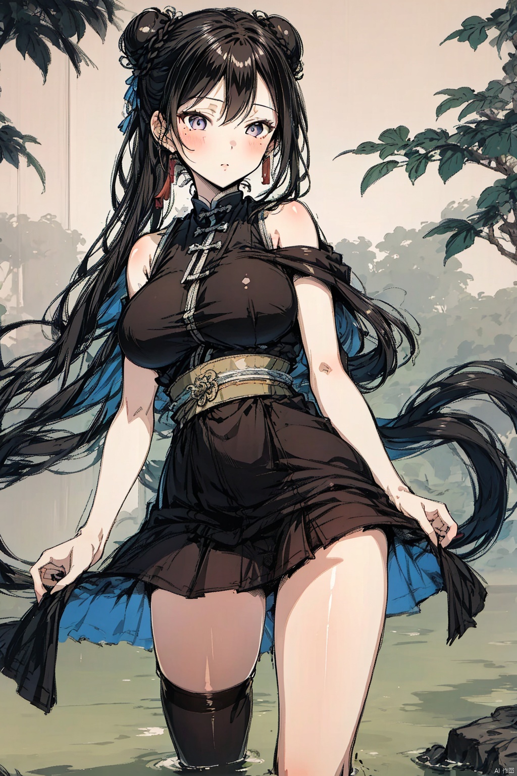 best quality,hd,1girl,solo,chinese style,lnk painting style,long hair,bun,big breasts,short skirts,silk stockings,bare_shoulder,