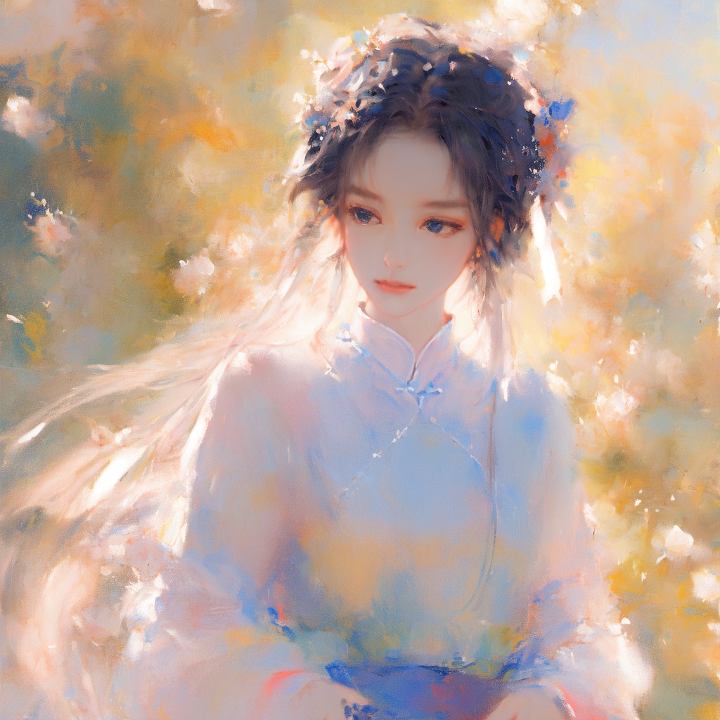 1 girl, lovely, regular features, delicate painting style, two yuan, hair and clothes glowing, flowery feeling, 8K, clear resolution, 8K, masterpiece, high quality,Alla Prima,