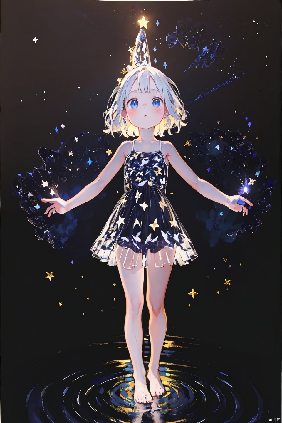 masterpiece, best quality, loli, Best quality, 8k,cg,night,glowing,transparent,barefoot,1girl,standing_on_liquid,ripples,sparkler,dress,Formed by light,starry_background,