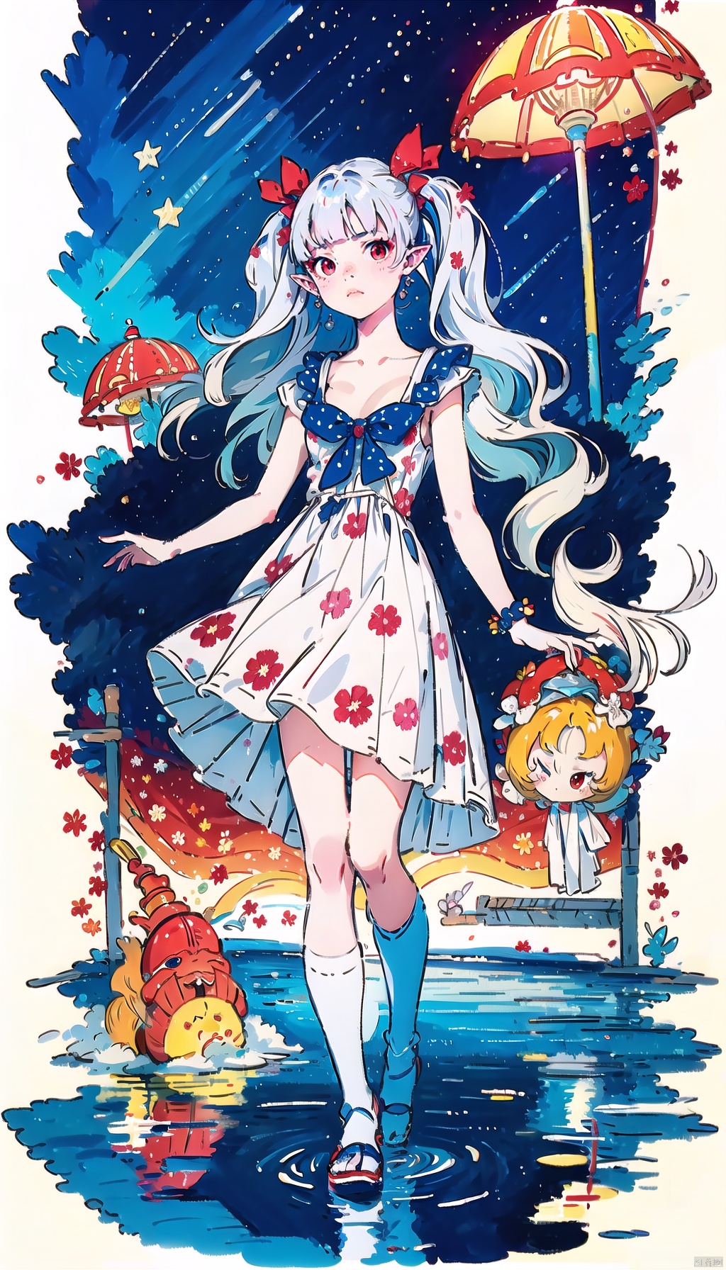  chiaroscuro, jellyfish, long hair, dress, 1girl, very long hair, twintails, blue theme, pointy ears , red eyes , white dress , bangs, white hair, white kneehighs , solo, bow,cuteloli , on the beach , starry_sky ,midjourney,cuteloli,cozy anime,fantasy,flower, PasO